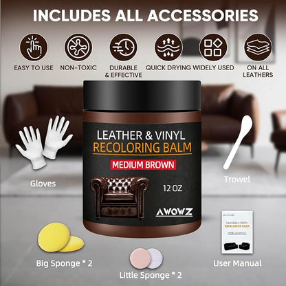 Leather Recoloring Balm - Scratch Repair & Color Restore Kit for Faded Leather, Leather Couch & Car Seats - 12OZ Leather Restorer Balm for Furniture, Auto Interior, Vinyl, Accessories (Medium Brown)