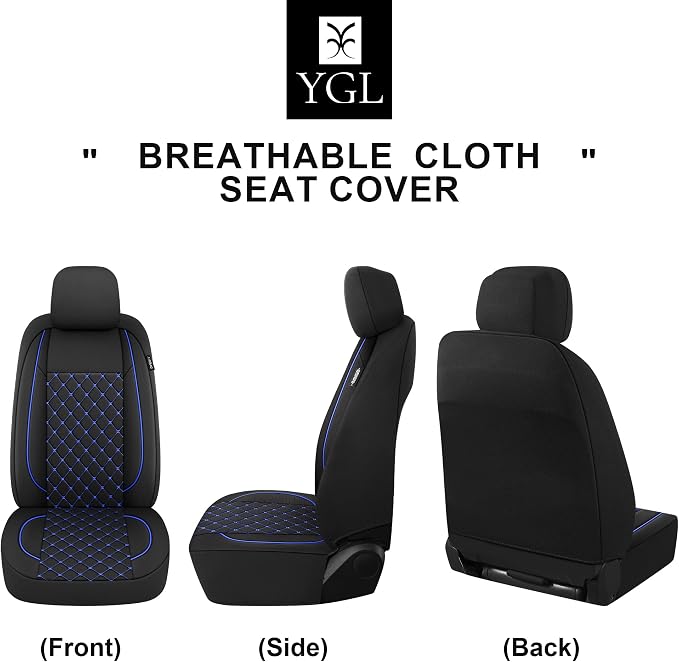 YGL Breathble Car Seat Covers Front Set, Washable Seat Covers for Cars, Premium Cloth Car Seat Protectors, Interior Covers for Cars,Sedan Van Truck SUV(Black/Blue)