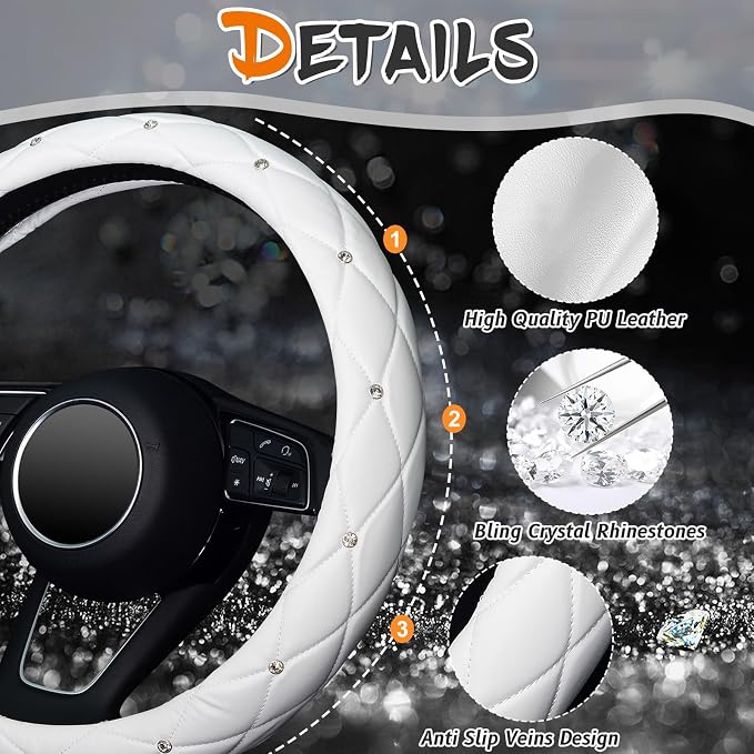 KAFEEK Diamond Soft Leather Steering Wheel Cover with Bling Bling Crystal Rhinestones, Universal 15 inch, Pure White