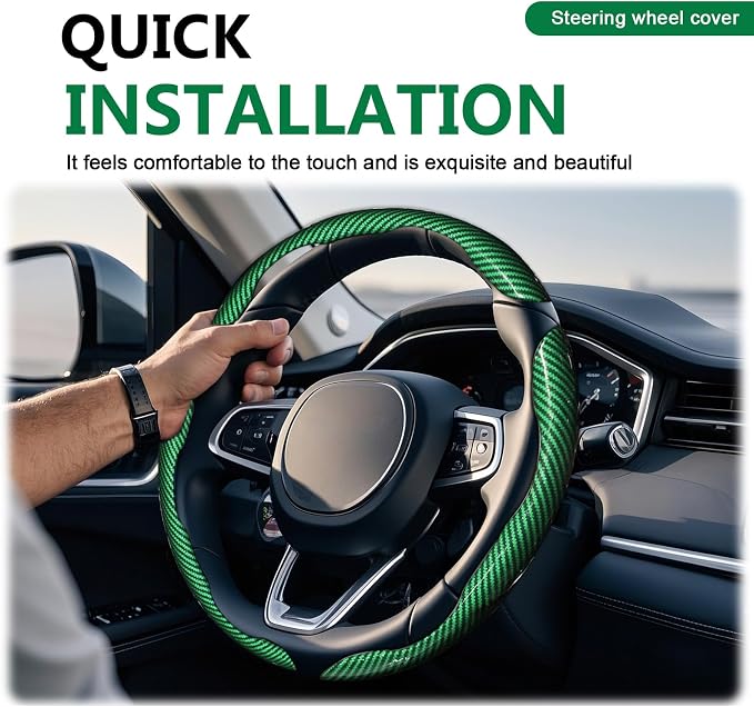 3pcs Universal Carbon Fiber Steering Wheel Cover - Anti-Slip & Segmented Design, Universal 99% Durable Steering Wheel Protector for Men and Women, Car Interior Accessory (Green)