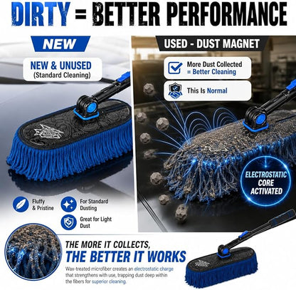 Flash Dog Car Duster Exterior & Interior Duster Aluminum Alloy Extendable Handle and Wax Cotton Strands Scratch-Free Cleaning for Cars, SUVs, RVs | Waterless Dust & Pollen Remover