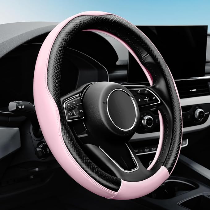 YHONGJT Soft Premium Leather Steering Wheel Cover, Breathable, Non-Slip Grip, Universal 15 Inch for Women Girls, Fit Vehicles, Sedans, SUVs, Vans, Trucks - Baby Pink