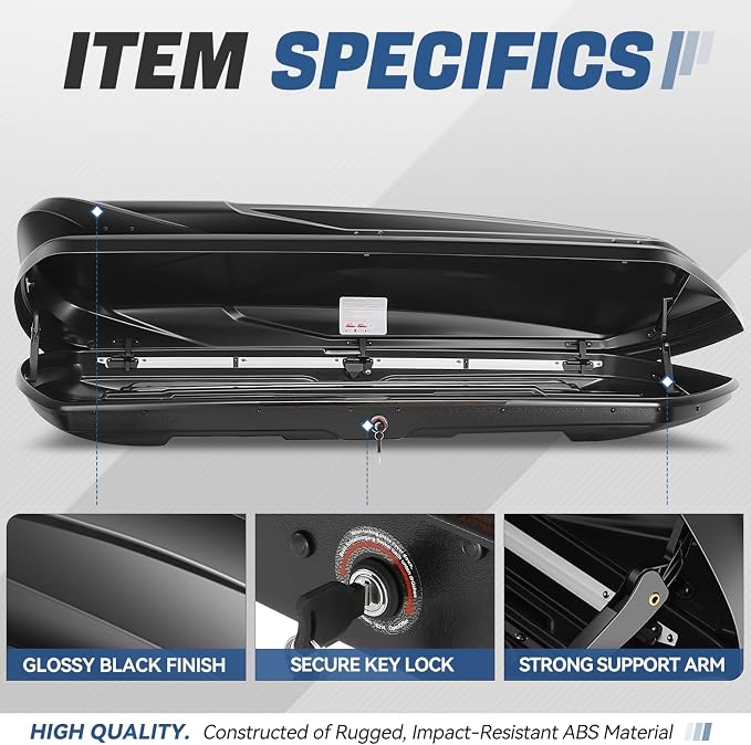 Auto Dynasty Rooftop Cargo Box Hard Shell Carrier Waterproof Storage Case with Locks & Keys Fits Vehicles with Cross Bars, 13 Cubic Feet 110LBS Capacity, 72'' L x 30'' W x 12'' H, Glossy Black