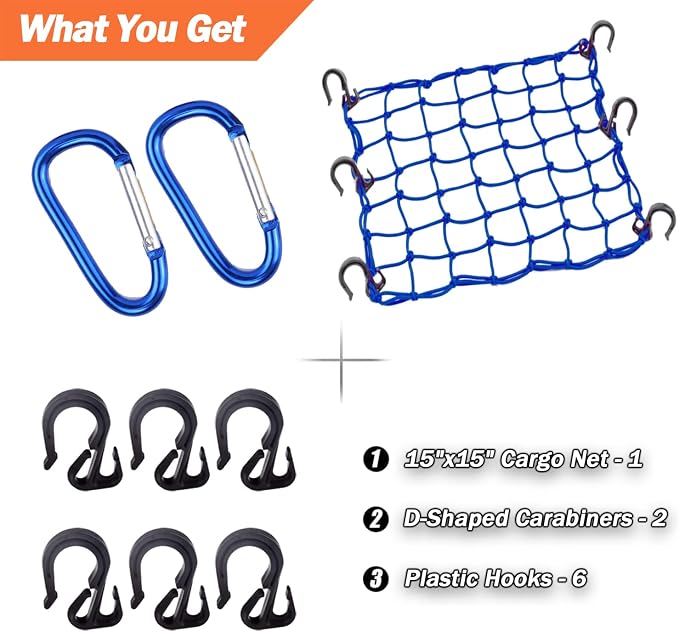 Cargo Net 15"x15" Stretches to 30"x30" with Thicken Hooks | Natural Latex Core, Tight 2”x2” Mesh Small Heavy Duty Bungee Net for Motorcycle Helmet, Bike, ATV, UTV, Luggage (Blue,1 Pack)