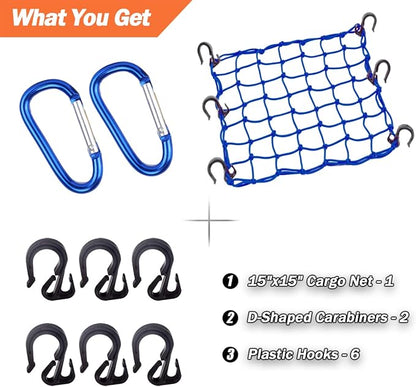 Cargo Net 15"x15" Stretches to 30"x30" with Thicken Hooks | Natural Latex Core, Tight 2”x2” Mesh Small Heavy Duty Bungee Net for Motorcycle Helmet, Bike, ATV, UTV, Luggage (Blue,1 Pack)