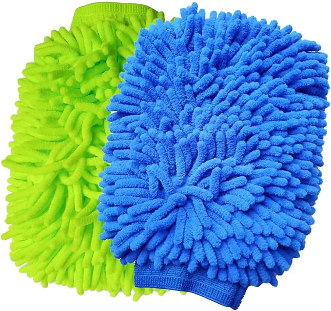 2 Pack Car Wash Mitt Microfiber Chenille Car Wash Mitt Scratch Free for Cars Cleaning,Home Cleaning Mitts(Green/Blue).