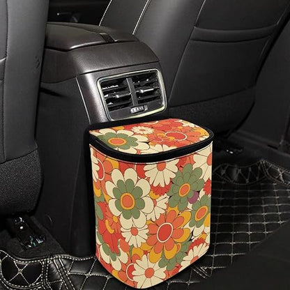 Y2K Hippie Daisy Flower Print Car Trash Can with Lid Accessories for Women Aesthetic Boho Portable Trash Bin Hanging Back of Seat Collapsible Leak Proof Multipurpose Vehicle Garbage Can