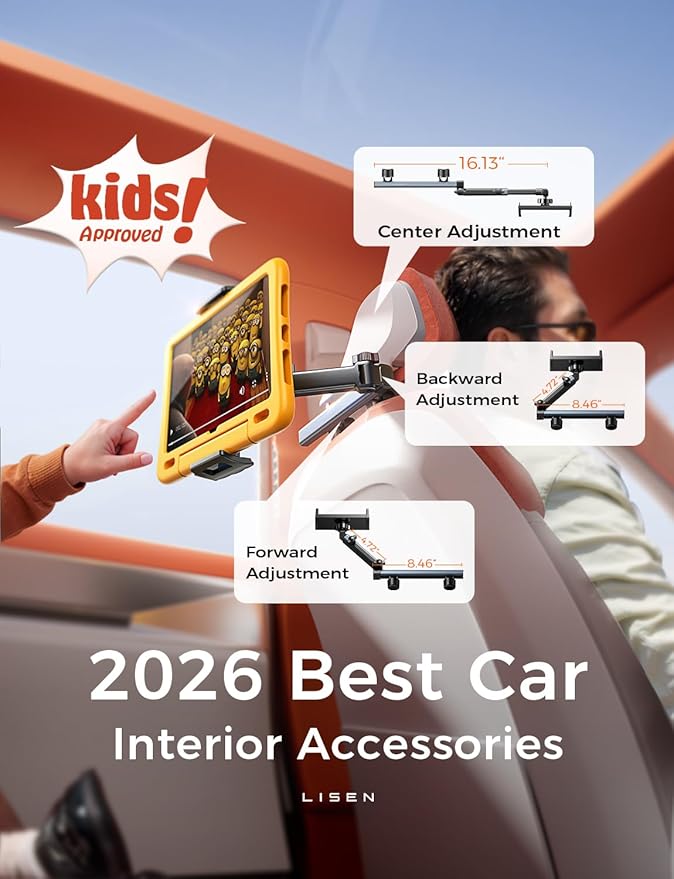 LISEN for iPad Holder Car Tablet Mount, Road Trip Essentials Toddler Kids Travel Gifts, Car Accessories for Women Interior Organizer Mens Truck 3in1 Tablet Holder for Car Camping Back Seat Headrest