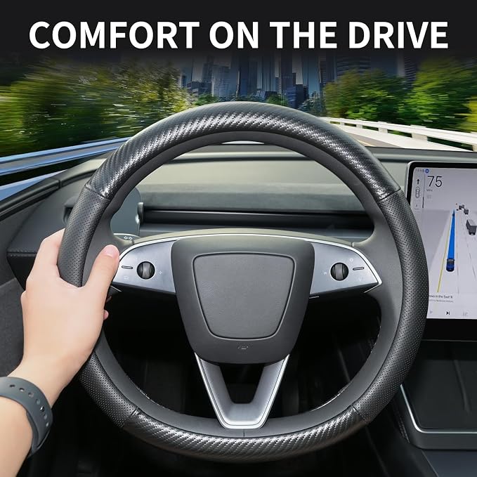 Uxcer Carbon Fiber Leather Steering Wheel Cover for Tesla Model 3/Y 2016-2025 2026 Juniper/Highland, Non-Slip Breathable Steering Wheel Protector for Tesla Model 3/Y Accessories 2026