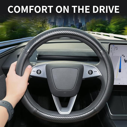 Uxcer Carbon Fiber Leather Steering Wheel Cover for Tesla Model 3/Y 2016-2025 2026 Juniper/Highland, Non-Slip Breathable Steering Wheel Protector for Tesla Model 3/Y Accessories 2026