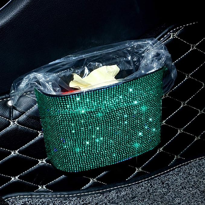 Bling Crystal Car Trash Can Auto Hanging Car Trash Can Sparkling Storage Holder Litter Container for Vehicle Office Home (Green)