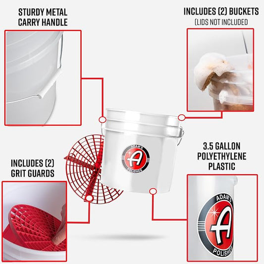 Adam's Polishes 3.5 Gallon Car Wash Buckets & Grit Guards (2 Pack) - Detailing Bucket for Washing & Storage | Stores Soap, Foam Cannon, Towels & More