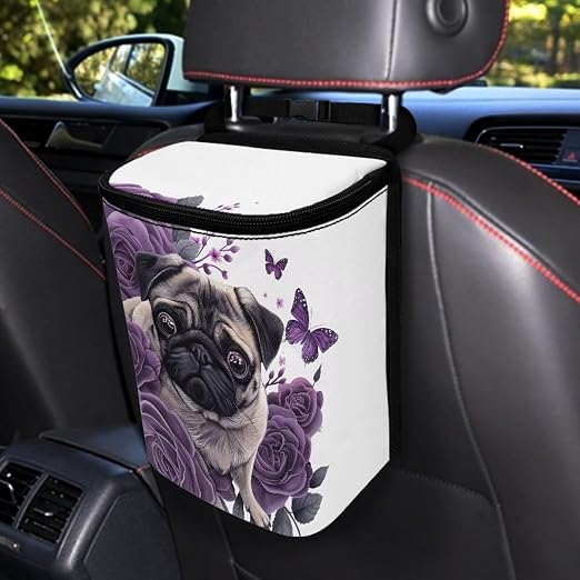 Talayituse Pug Dog Butterfly Flower Print Car Trash Can, Portable Auto Garbage Bin Multifunctional Vehicle Interior Accessories with Adjustable Straps Universal Fit Truck SUV Sedan