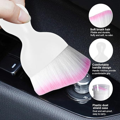 Ziciner Car Detailing Brush, Curved Soft Bristles Auto Removal Dust Collectors, Universal Vehicle Dashboard, Air Conditioner Vents etc Interior Cleaning Tool Accessory (White/White/Pink)