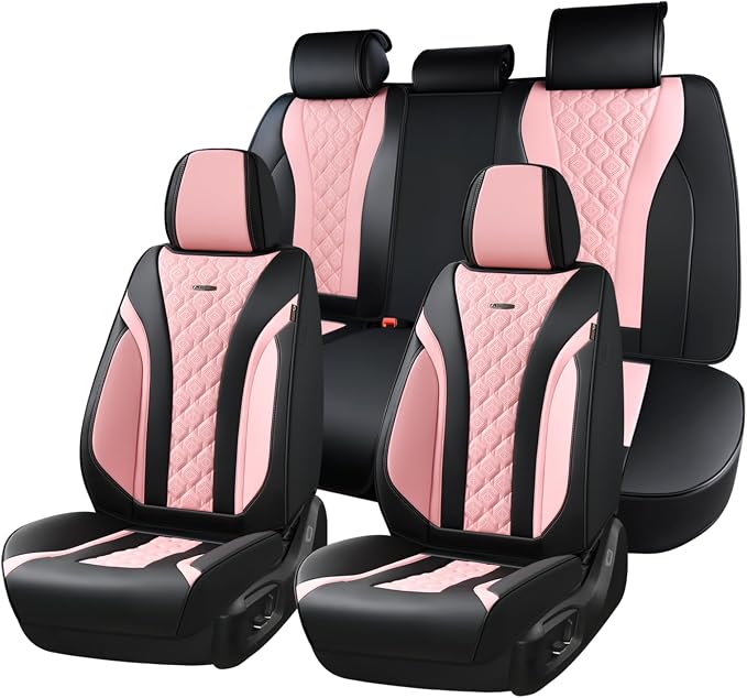Coverado Car Seat Covers, Black Pink Leather Seat Covers Full Set, Perforated Diamond Leather Car Seat Cover, Waterproof Car Seat Protector Universal 5 Seats Seat Covers Fit for Most Cars SUV Trucks