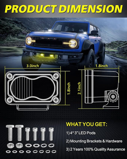 LED Pods, AKD Part 4Pcs 3" 80W CREE LED Pod Lights Spot Flood Combo Small Off Road Driving Lights Ditch Chase Light for Trucks Motorcycle UTV ATV SUV Dirt Bike - White & Yellow