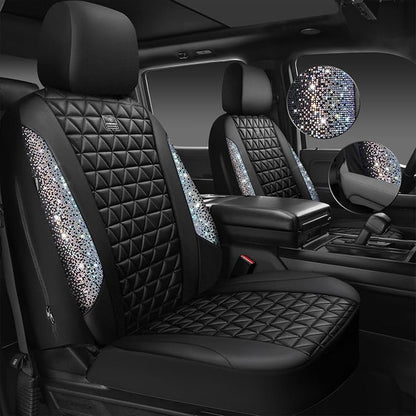 CAR PASS Bling Diamond Leather Car Seat Covers for 2 Front Interior Sets, Waterproof Shining Glitter Sparkly Crystal Universal Armrest Automotive Truck SUV Cute Women Girl, Black Multicolor Rhinestone