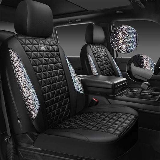 CAR PASS Bling Diamond Leather Car Seat Covers for 2 Front Interior Sets, Waterproof Shining Glitter Sparkly Crystal Universal Armrest Automotive Truck SUV Cute Women Girl, Black Multicolor Rhinestone