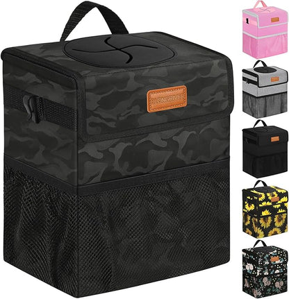 ELONGRIVER Car Trash Can Bin for Back Seat Leak Proof, Cute Car Trash Bag Hanging, Vehicle Trash Can for SUV Truck Van, Automotive Garbage Cans Front Seat Camo Black