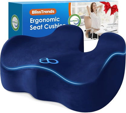 BlissTrends Extra Thick Seat Cushion for Office Chair & Car Seat, Blue | Tailbone & Sciatica Relief, Ergonomic Support, High-Density Memory Foam, Comfort for Extended Sitting