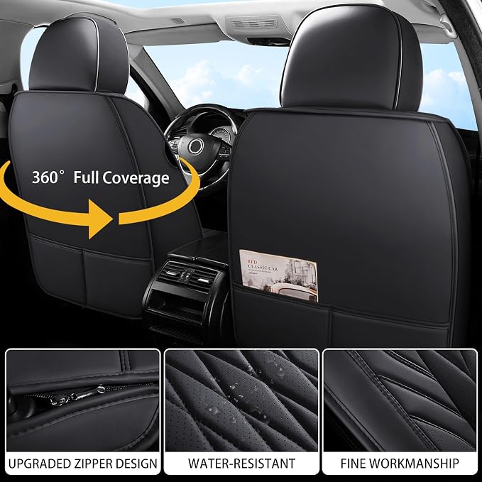 WELLDO Nappa Faux Leather Car Seat Covers Full Set, Black | Waterproof, Non-Slip Seat Protector, 0.28in Thickened Cushion, Airbag Compatible, Universal for Cars SUV Truck Pickup