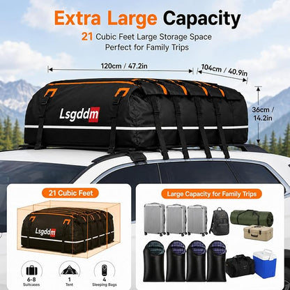 Car Roof Cargo Carrier 15/21 Cubic Feet – Extra Storage for Travel, Waterproof Rooftop Bag, Fits All Vehicles with or Without Roof Rack (21 Cu Ft)
