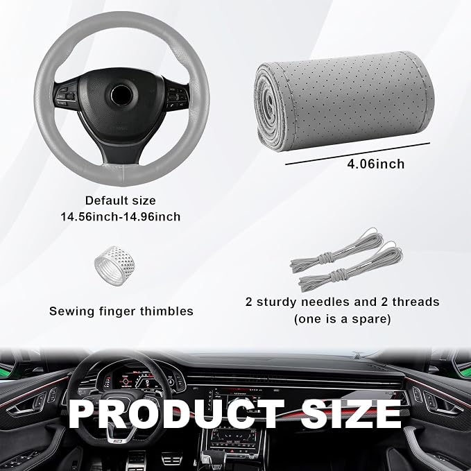 Ziciner Genuine Leather Steering Wheel Cover, Stitch on Wrap, Breathable Anti-Slip Car Steering Wheel Protector for Max Diameter 15 Inch, DIY Sewing with Needles Thread (Gray, Hole)