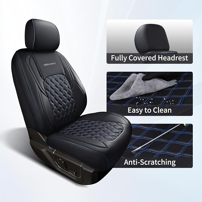 Huidasource Dodge Ram Seat Covers, Front&Rear Pickup Truck Leather Seat Cover Fit for 2009-2018 1500, 2010-2025 2500/3500 Crew Mega Cab, 2019-2025 ram 1500 Classic only(Full Set/Black&Blue)