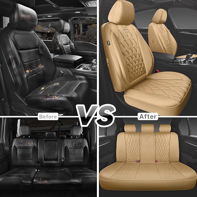 CAR PASS Piping Luxury Leather Seat Covers Full Set,5 Seats Leatherette Anti-Slip Waterproof Seat Covers Compatible with Front Armrests,Universal Fit for Suvs,Vans,Trucks,Airbag Compatible,Pure Beige
