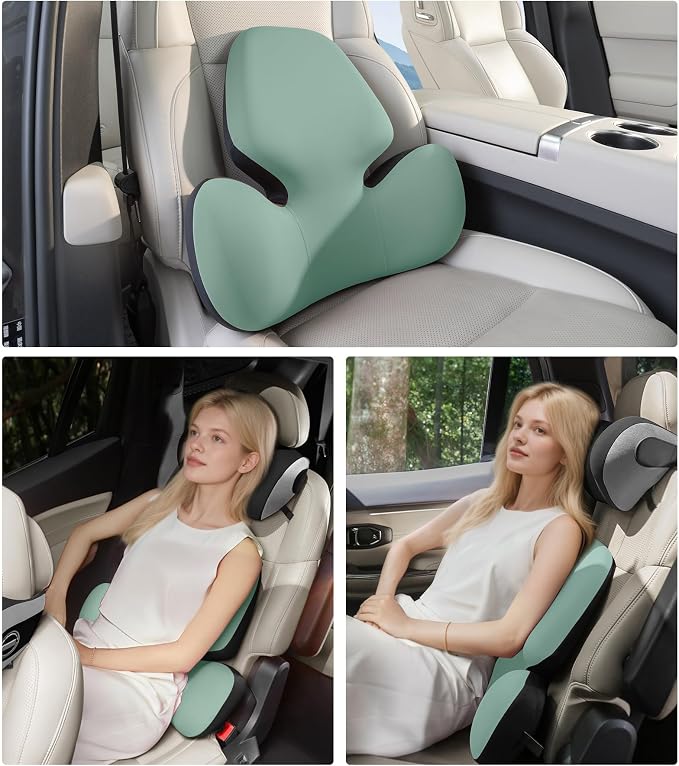 BEBAS Lumbar Support Pillow for Office Chair - Ergonomic Memory Foam Back Cushion for Lower Back Pain Relief - Washable & Breathable Cover - Fits Car Seats, Gaming Chairs & Wheelchairs (Green)