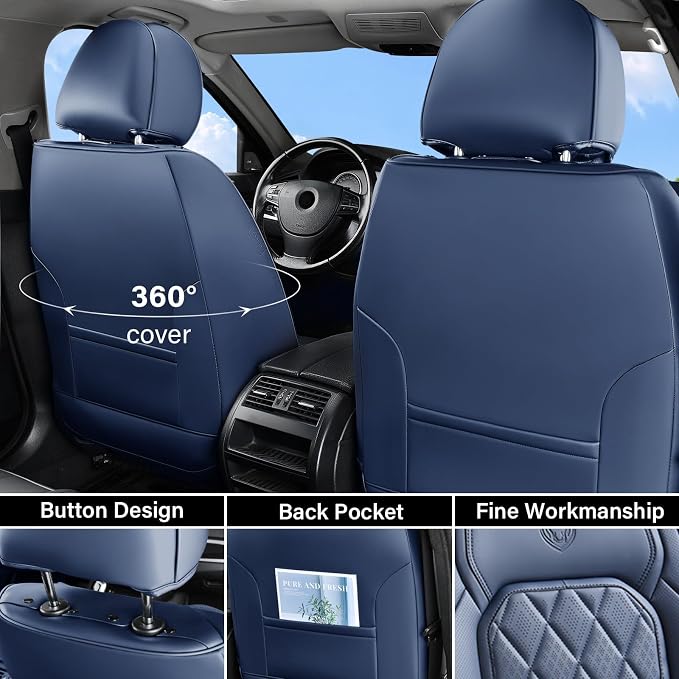 Coverado Car Seat Covers Full Set, Luxury Faux Leather Seat Covers for Cars, Waterproof Car Seat Protector, Blue Car Seat Cover, Universal Automotive Seat Covers Fit for Most Sedan SUV Trucks