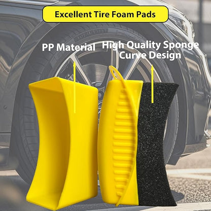 2 Pack Tire Shine Applicator Pads, Reusable Tire Dressing Applicator Sponge, Curved Tire Gel Applicator Forms with Lid, Yellow Tire Applicator Pads for Car Cleaning Detailing
