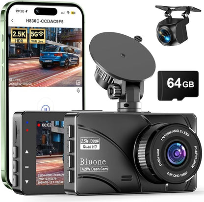 Dash Cam Front and Rear, 2.5K Dual Dash Camera for Cars W/ 64GB Card,3" IPS Screen Dash Cam Built-in 5G WIFI, Car Camera with G-Sensor, Loop Recording, Night Vision, 24H Parking Monitor,170°Wide Angle