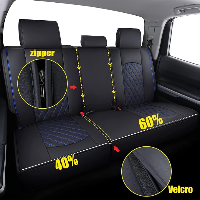 YIERTAI Rear Seat Covers for Tundra SR5 2008 2009 2010 2011 2012 2013 2014 2015 2016 2017 2018 2019 2020 2021 2022 2023 2024 2025 2026 Compatible with Split Bench 40/60(1 Rear Seat Cover/Black-Blue)