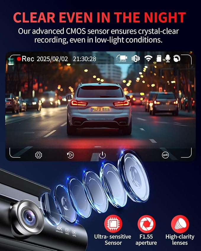 Dash Cam Front and Rear, 4K Full HD Dual Dash Camera for Cars, Built-in Memory Card Monitoring, 64GB Card, 5G WiFi GPS, Car Camera with 3" IPS Screen, 2160P Night Vision, 24H Parking Monitor