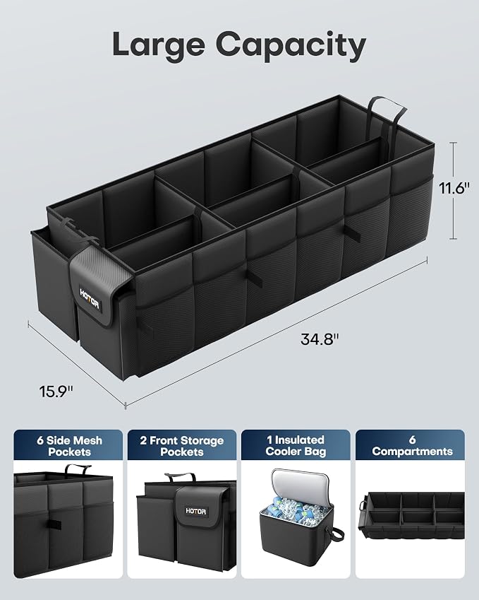 HOTOR Trunk Organizer for Car & SUV, Sturdy Car Organizer with Removable Cooler, Large Foldable Trunk Organizer with Cooler, 6 Compartments, Adjustable Straps, Black, 34.8”×15.9“×11.6”