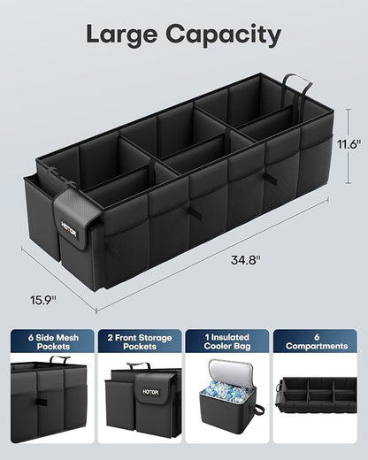 HOTOR Trunk Organizer for Car & SUV, Sturdy Car Organizer with Removable Cooler, Large Foldable Trunk Organizer with Cooler, 6 Compartments, Adjustable Straps, Black, 34.8”×15.9“×11.6”