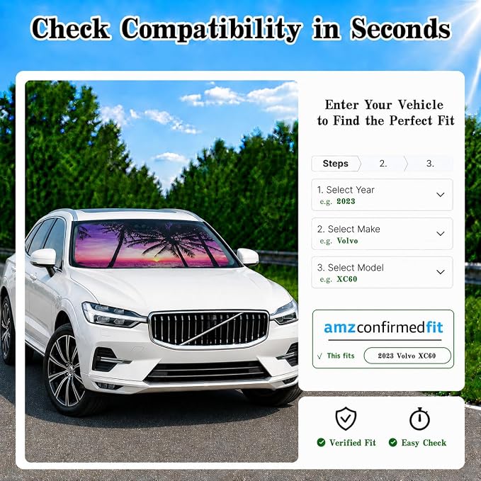 Car Windshield Sun Shade, Vacation Style Foldable Front Window Sunshade, UV Heat Protection Windshield Cover Universal Fits Crossover Mid-Large Sedan SUV Family Vehicle - 63 x 31.5