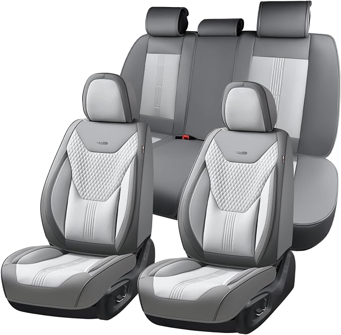 Coverado Car Seat Covers Full Set, Front Seat Covers with Lumbar Support and Back Seat Cover Waterproof Leather Automotive Seat Cover, Universal Car Interior Protectors Cushion for Most Cars