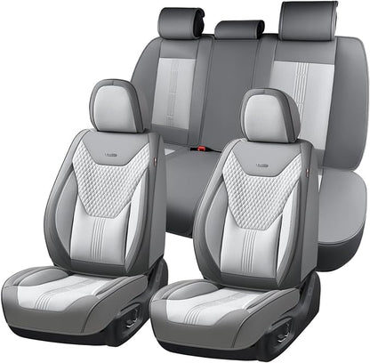 Coverado Car Seat Covers Full Set, Front Seat Covers with Lumbar Support and Back Seat Cover Waterproof Leather Automotive Seat Cover, Universal Car Interior Protectors Cushion for Most Cars