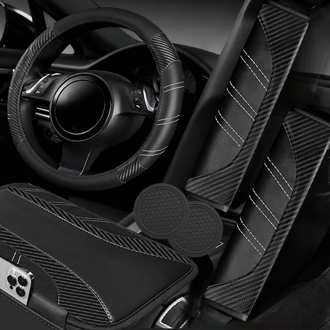 NBTEPEM 6 Pcs Black Car Accessories Set, Sport Leather Steering Wheel Cover 14.5-15inch Universal, Car Center Console Cover, Seat Belt Cushion, Cup Holder Coaster (Black Carbon Fiber)