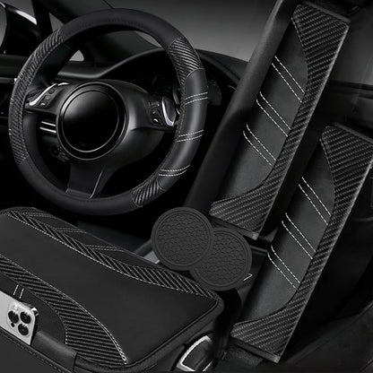NBTEPEM 6 Pcs Black Car Accessories Set, Sport Leather Steering Wheel Cover 14.5-15inch Universal, Car Center Console Cover, Seat Belt Cushion, Cup Holder Coaster (Black Carbon Fiber)