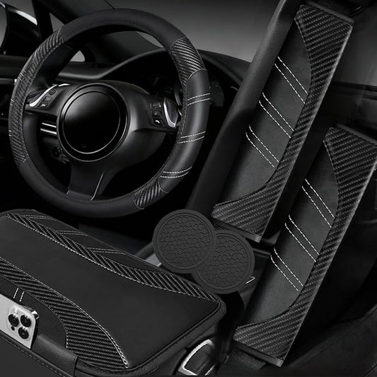 NBTEPEM 6 Pcs Black Car Accessories Set, Sport Leather Steering Wheel Cover 14.5-15inch Universal, Car Center Console Cover, Seat Belt Cushion, Cup Holder Coaster (Black Carbon Fiber)