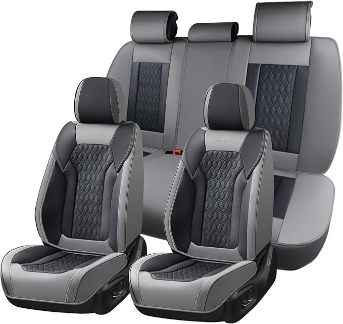 FLORICH Seat Covers, Car Seat Covers Full Set, Luxury Nappa Leather Seat Covers, Breathable and Waterproof Car Seat Protector 5 Seat, Automotive Seat Covers Universal Fit for Most Cars-Gray&Black