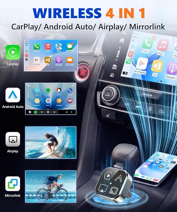 2026 4-in-1 Mini Wireless CarPlay & Android Auto Adapter Support AirPlay/MirrorLink, Convert Wired to Wireless, Auto-Connect for Daily Commute, 5.8GHz Stable Connection, Plug & Play Dongle