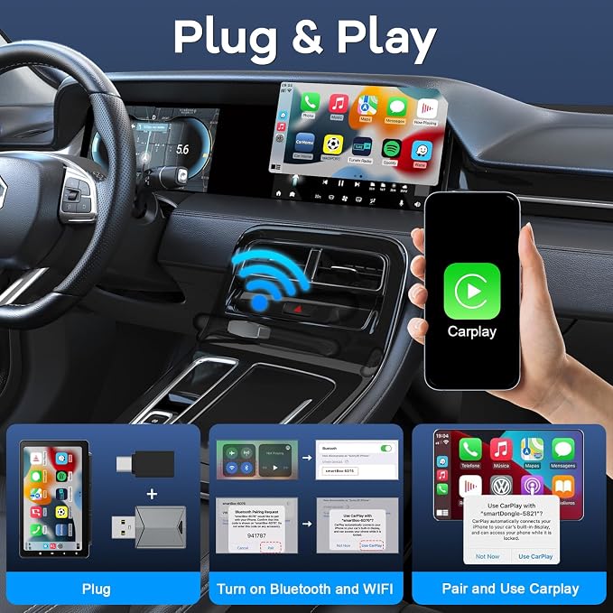 Wireless CarPlay Adapter, Mini Size Apple Carplay Wireless Adapter Plug and Play for Cars with Built-in CarPlay and iOS 10+