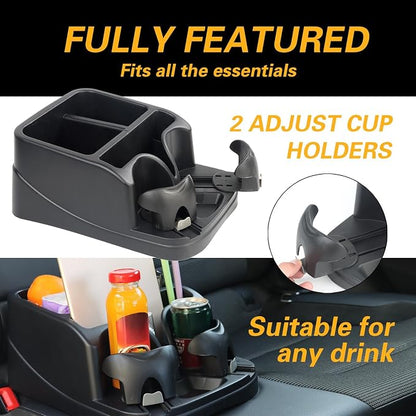 Large Size Plastic Console for Cars, Trucks, Minivans, SUVs with 2 Adjustable Drink Cup Holders Phone Book Holder, Back Bench and Front Seat or Floor Middle Console Universal Vehicle Organizer Black