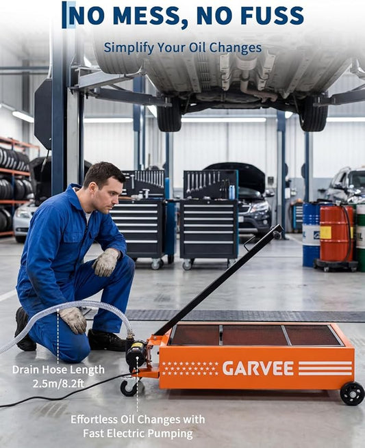Garvee 25 Gallon Oil Drain Pan, 110V Waste Oil Drain Pan for Oil Change, Steel, 8-8.2 ft Hose& Folding Handle&Rolling Cart, Heavy Duty for Trucks,Orange