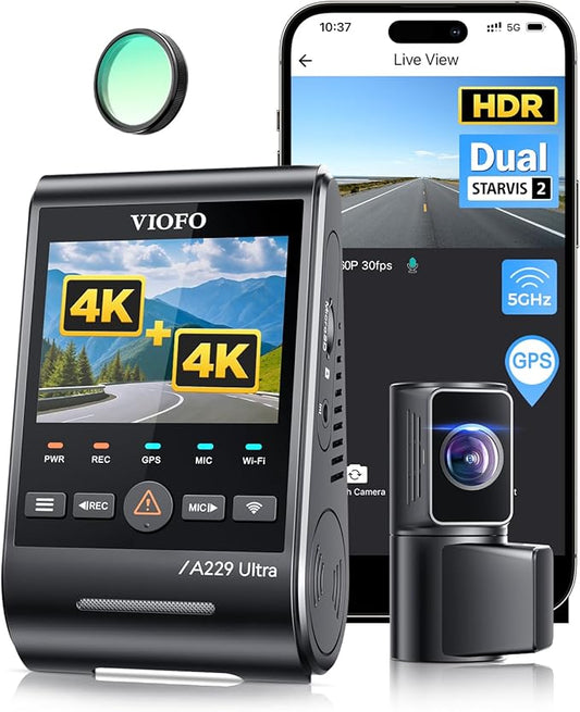VIOFO A229 Ultra 2CH Dual 4K Dash Cam Front and Rear, Dual STARVIS 2 IMX678 Sensors & 2-Channel 4K HDR, Faster 5GHz Wi-Fi & Precise GPS Car Camera, Voice Control, Super Night Vision 2.0