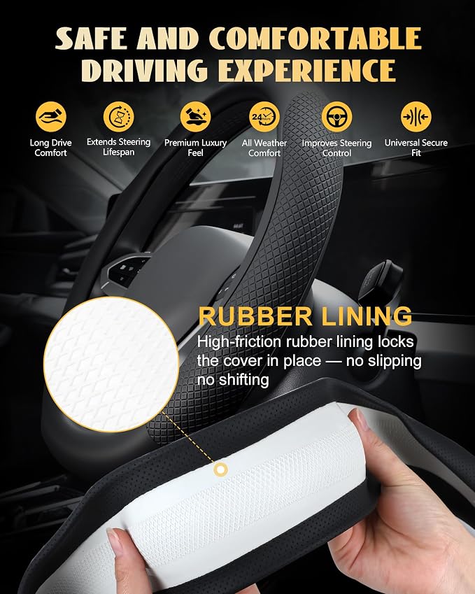Car Leather Steering Wheel Cover, Genuine Embossed Leather with Anti-Slip Lining, Universal 15 Inch, Fits SUVs, Vans, Sedans, Trucks, Black